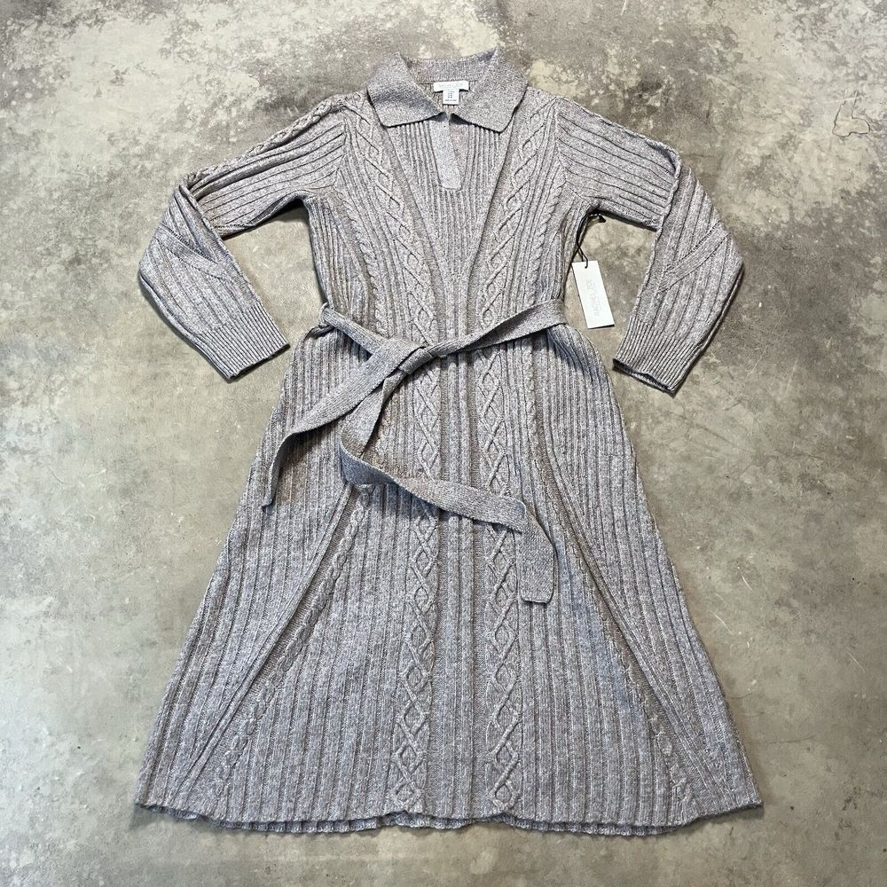 Rachel Zoe Sweater Dress Womens‎ Medium Gray Tie Waist Textured Long Sleeve